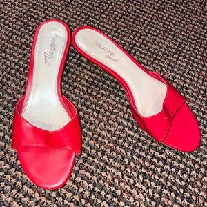 red, gently worn, low 90s style kitten heels